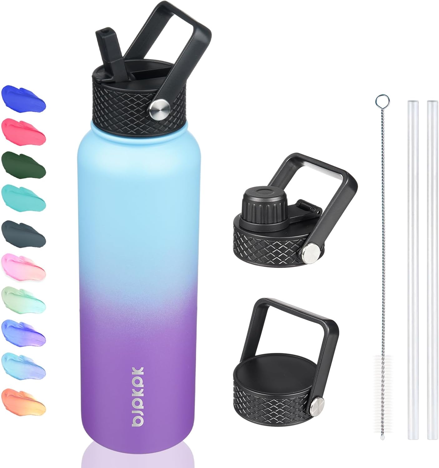 BJPKPK Insulated Water Bottles with Straw Lid, 40oz Stainless Steel Water Bottles with 3 Lids, BPA Free Leakproof Thermos, Tumblers, Cups for Sports, Gym- Ocean Dream