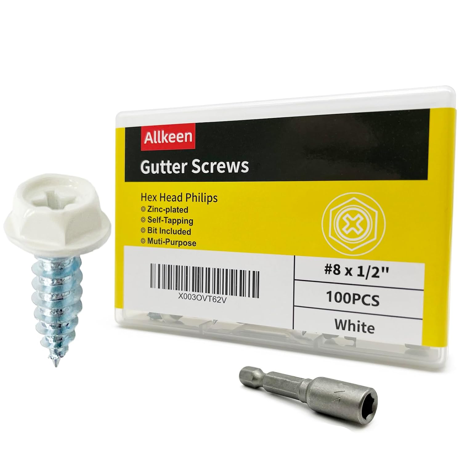 #8 x 1/2" Self-Tapping Gutter Screws White Painted Hex Head Zinc Plated Finish, 100 Pieces, 1/4" Magnetic Driver Included