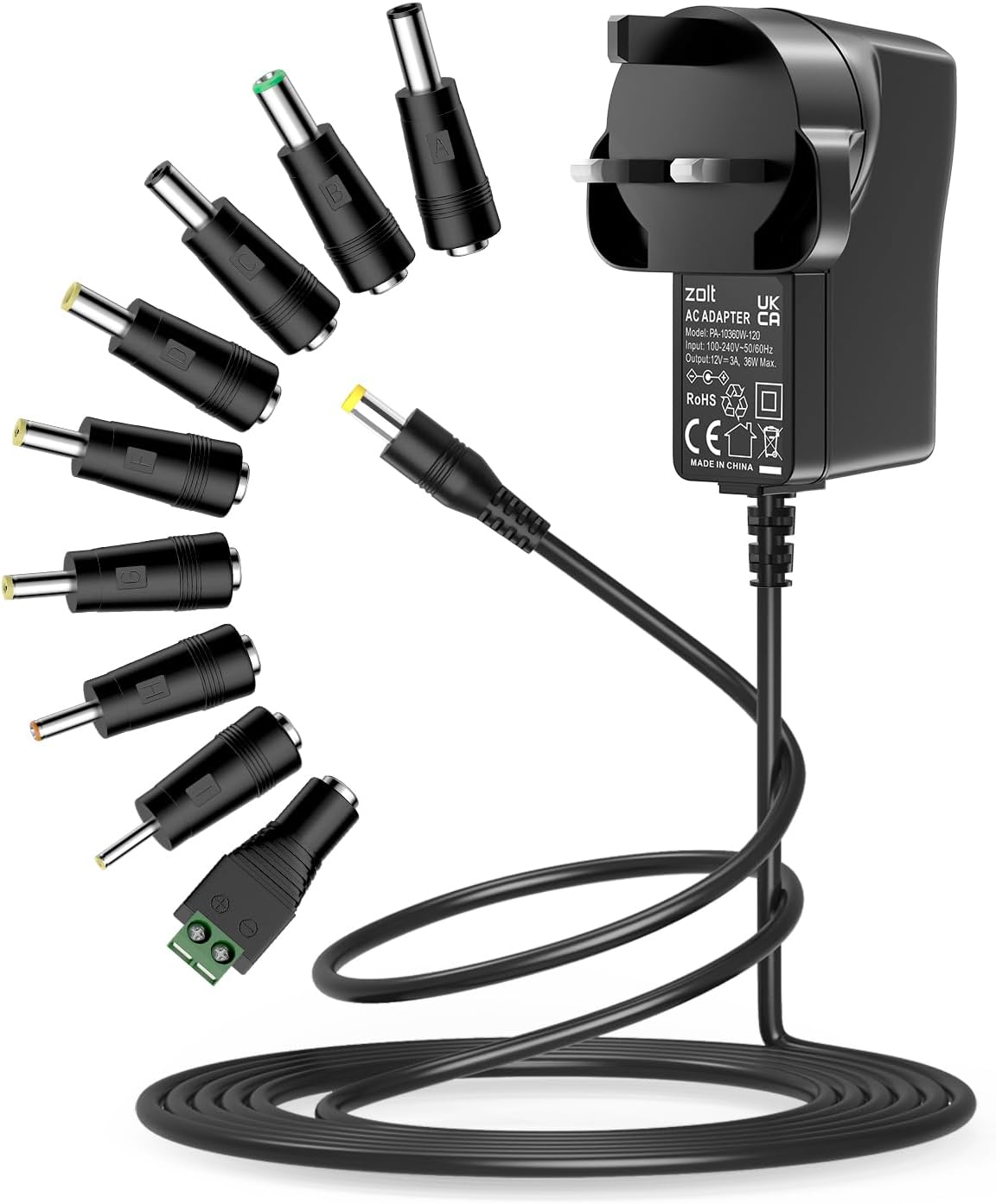Zolt 12V 3A Power Supply Universal AC DC Adapter Transformer with 9 DC Connectors for 12V 1A 2A 3A Household Electronics, 36W Max.