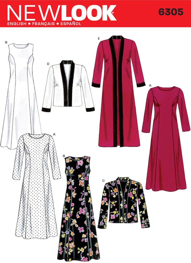 New Look N6305 Women's Dress & Jacket Sewing Pattern, Princess-Seam Dress with Short & Long Jackets, Sizes 10-22