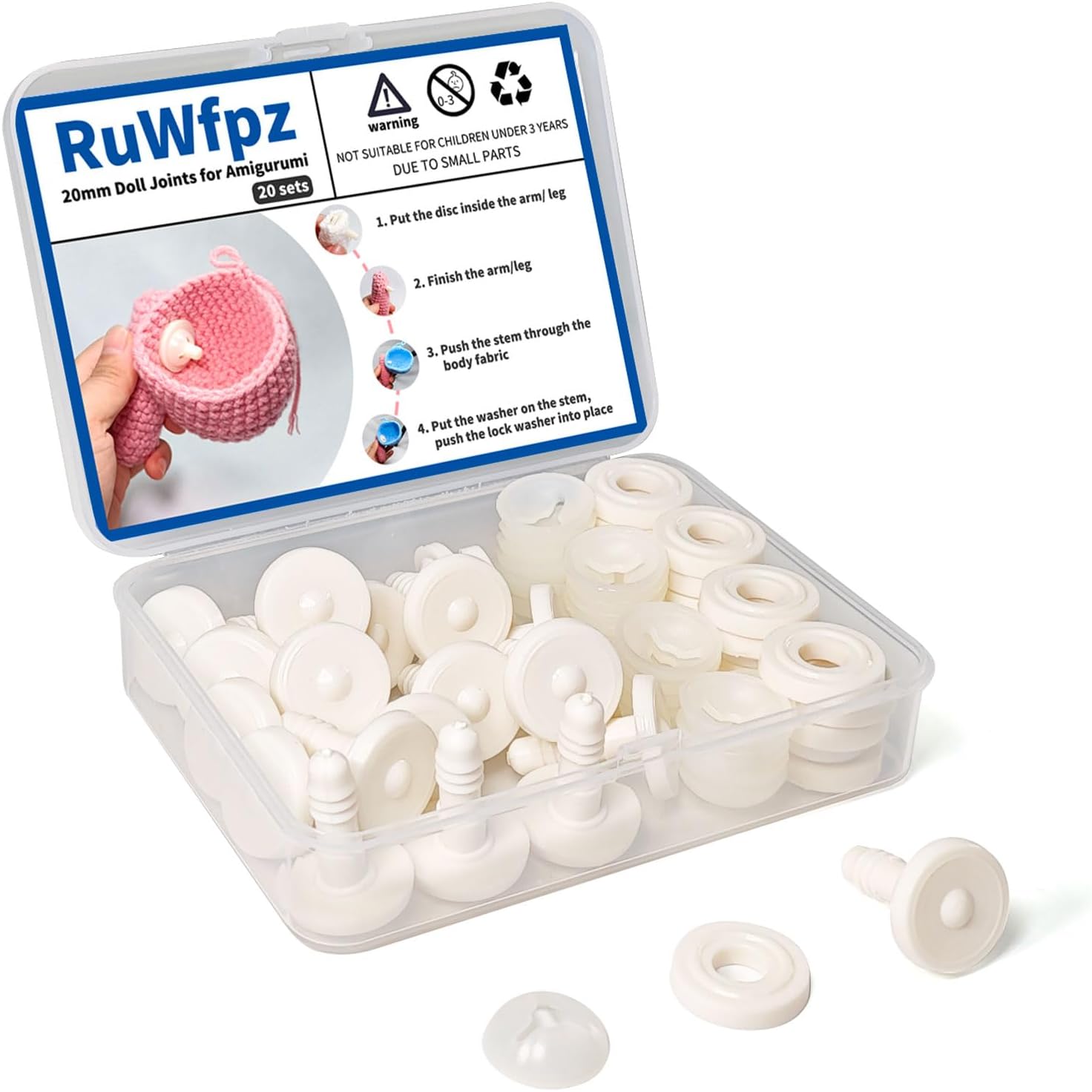 RuWfpz Doll Joints for Amigurumi Crochet 20mm - 20 Set Plastic Toy Safety Joints for Stuffed Animals, White Movable Amigurumi Crafts Teddy Bear Joints for Arm Leg Neck