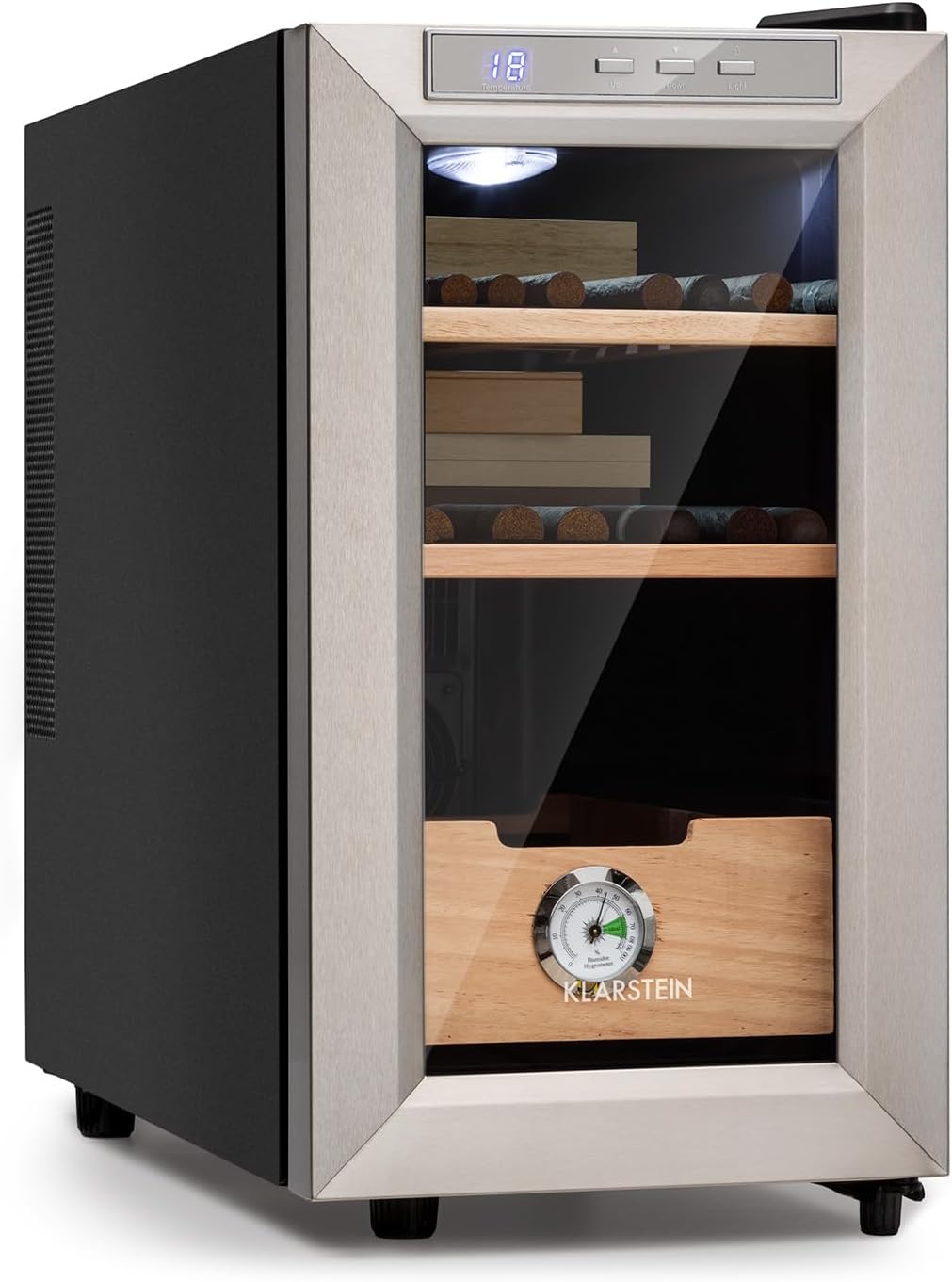 Klarstein El Presidente Cigar Humidor - Thermoelectric Humidor Cabinet with Glass Door, Cedar Wood Shelves, Hygrometer, LED Interior Light, 23 Litres, Silver