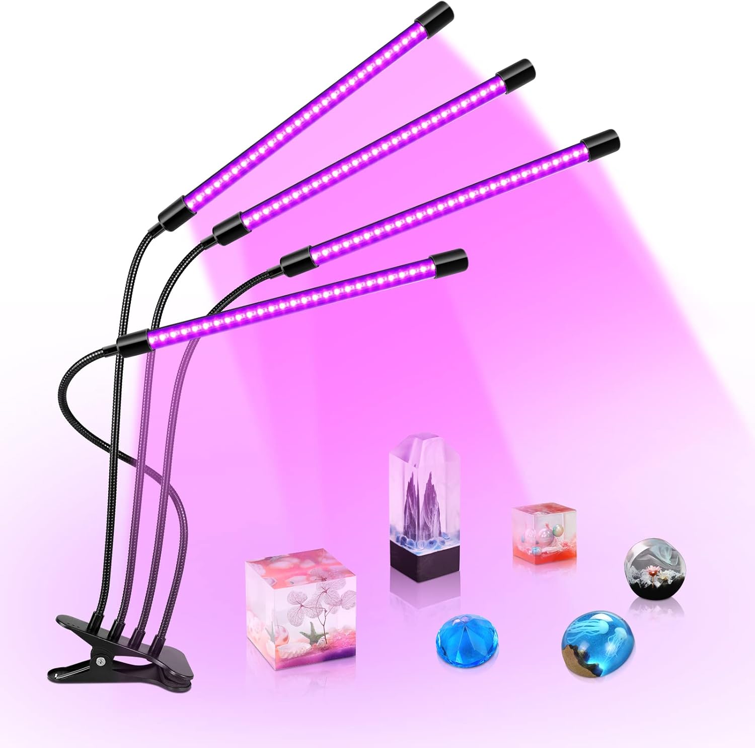 inShareplus LED UV Lamp Four Head with USB, 40W Dimmable UV Light with Clip, Glow in The Dark, 395nm-405nm Black Light for Party, Stage, UV Glue Curing Resin Paint, Collection, Aquarium