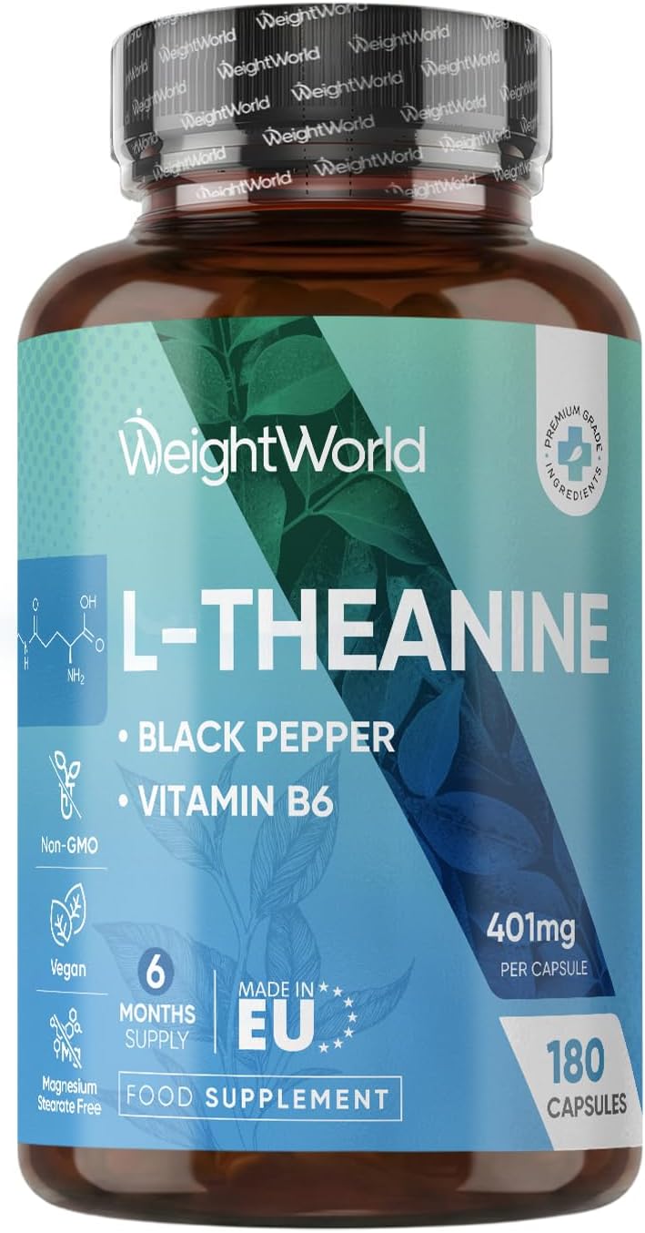L-Theanine - 401mg - 180 Capsules - 6 Months Supply - with Vitamin B6 | Black Pepper - 1 Capsule per Day | Vegan & Magnesium Stearate-Free - L Theanine Supplement for Men & Women - Made in Europe
