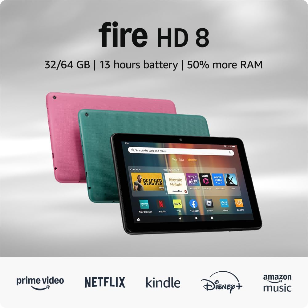 Amazon Fire HD 8 tablet (newest gen), 8" HD Display, 3 GB memory, 32 GB, designed for portable entertainment, Hibiscus, (2024 release) – with ads