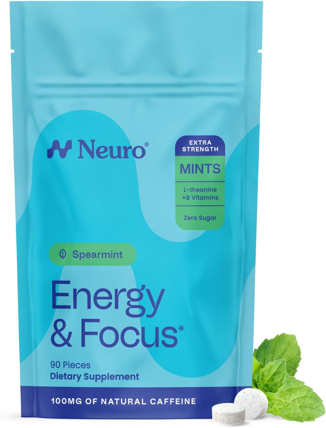 Neuro Energy & Focus Mints, Extra Strength - Sugar Free Breath Mints with 100mg Natural Caffeine, B Vitamins & L-Theanine - Vegan Brain Supplement for Exercise, Study & Daily Focus - Spearmint, 90 ct
