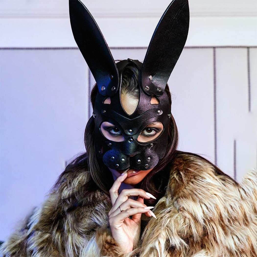 Leather Rabbit Mask Punk Black Cat Masks Cat Head Mask Fox Mask Animal Half Face Adjustable Mask Halloween Party Masquerade Prom Face Decorative (Black1)
