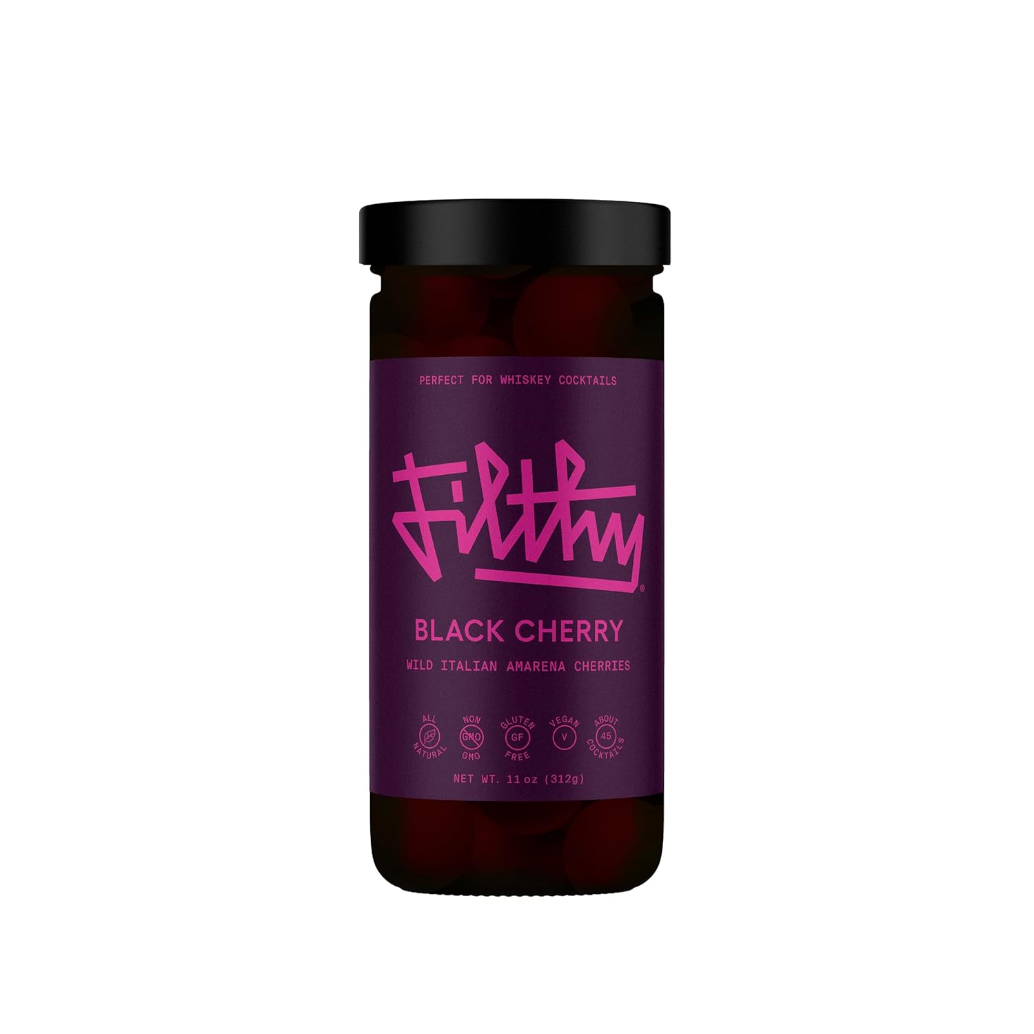 Filthy Cocktail Amarena Black Cherries, Premium Cocktail Garnish, All Natural Wild Italian Amarena Black Cherries, Non-GMO, Gluten Free, Vegan, Slow-Cooked, 11 Oz Jar, 45 Cherries
