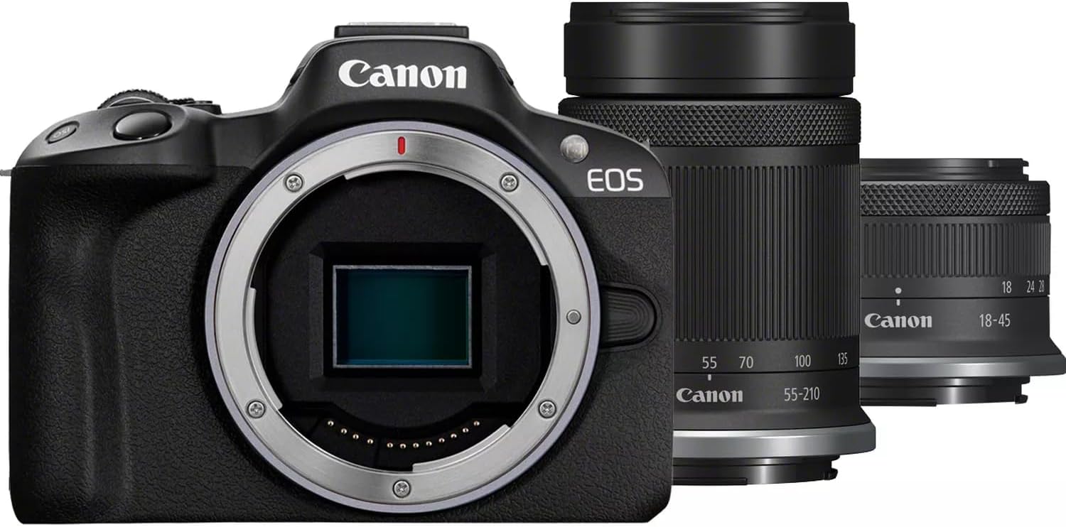Canon EOS R50 Mirrorless Camera + RF-S 18-45mm F4.5-6.3 IS STM + RF-S 55-210mm F5-7.1 IS STM Lens - 24.2MP, APS-C, 15fps | 4K Oversampled 6K Video | Wi-Fi, Bluetooth | Compact for Travel & Vlogging