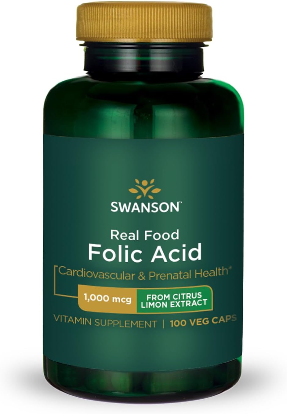 Swanson Real Food Folic Acid Folate Vitamin B-9 Cardiovascular Prenatal Health from Citrus Limon Extract Vegan Gluten-Free Non-GMO B9 1000 mcg 100 Veggie Capsules (Caps)