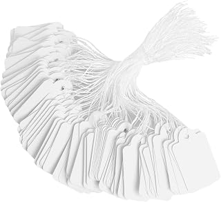400 Pcs Price Tags with String Attached, 1.38" x 0.87" White Paper Hang Tags, Marking Strung Writable Garage Yard Tags, Display Label for Jewelry, Clothing, Retail, Labeling, Gift