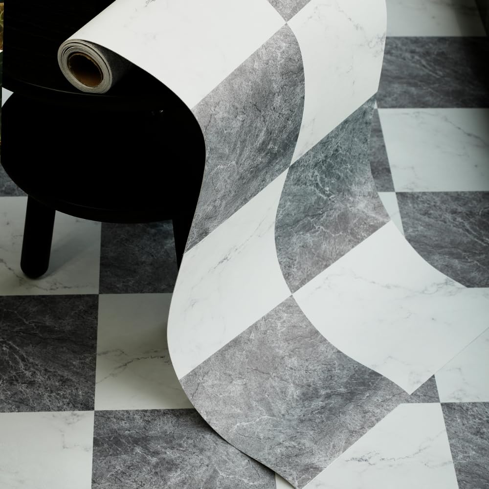 Peel and Stick Floor Tile, Marble Pattern Continuous Vinyl Roll Flooring – 15.7'' x 19.68 ft Roll Covers 25.83 sq. ft, Effortless Alignment, Seamless Look Design for Bathroom, Kitchen