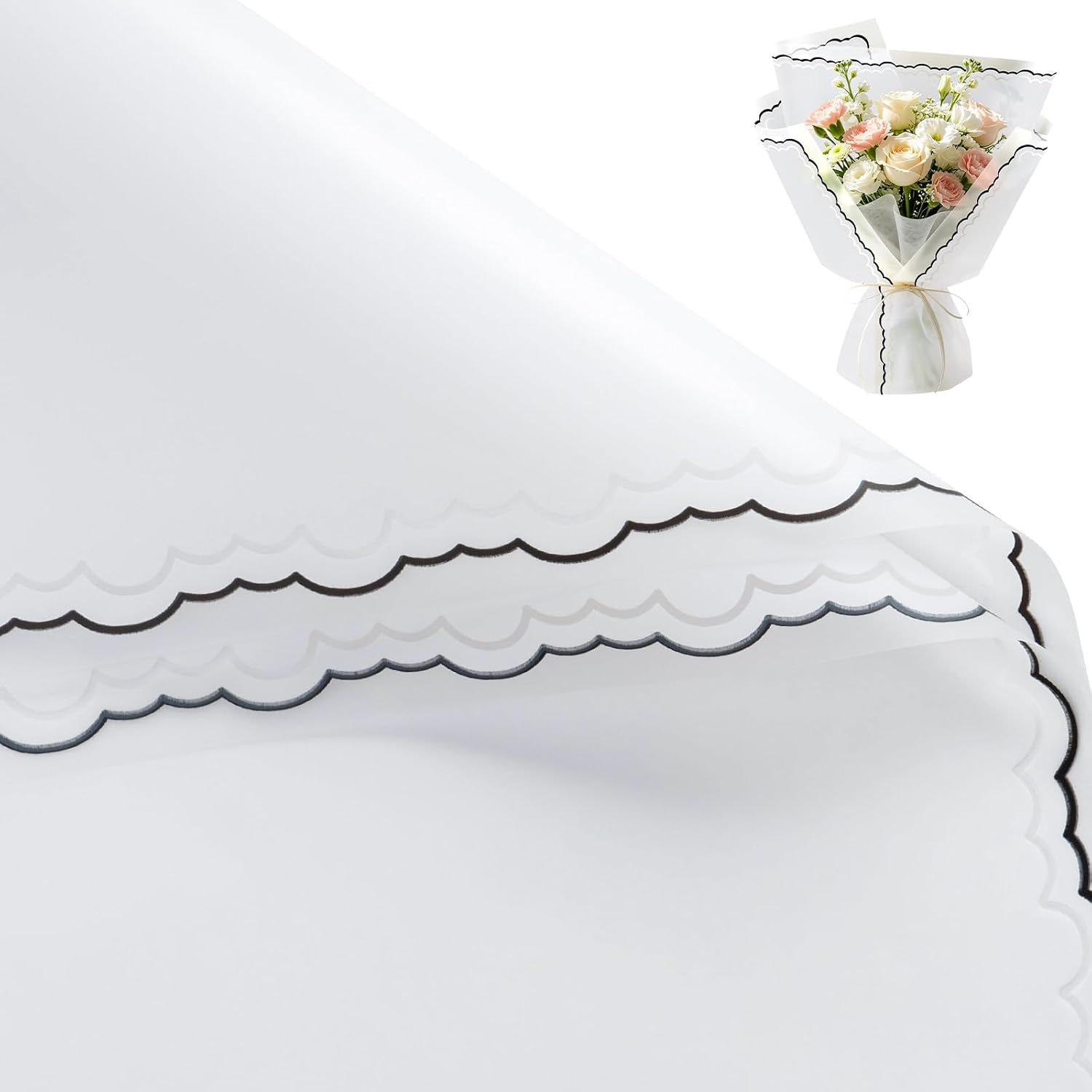 WRAPAHOLIC 20 Sheets White Flower Wrapping Paper - 22.4 x 22.4 inch White and Wavy Edge Design Water-Resistant Floral Bouquet Wrapping Paper, Florist Supplies Packaging for Anniversary and Birthday Gift DIY