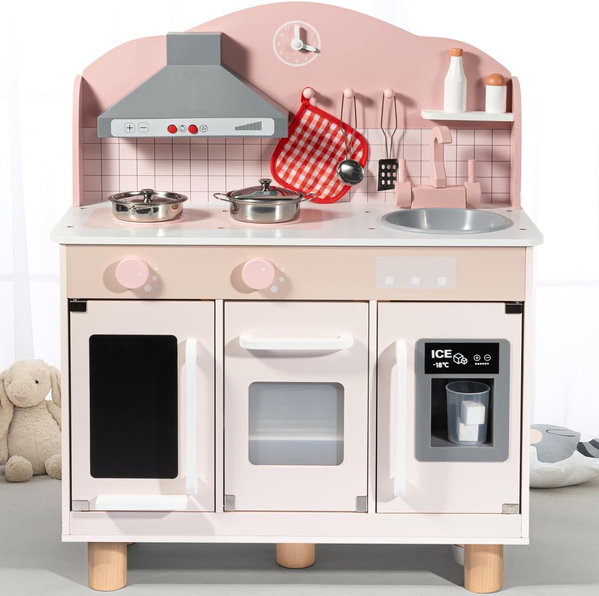 Bluewood Wooden Kids Kitchen Playset,Pretend Toy Kitchen for Toddlers Ages 3-8, with Lights, Sound, Oven, Ice Maker, Sink & Storage – Montessori Indoor Role Play Gift