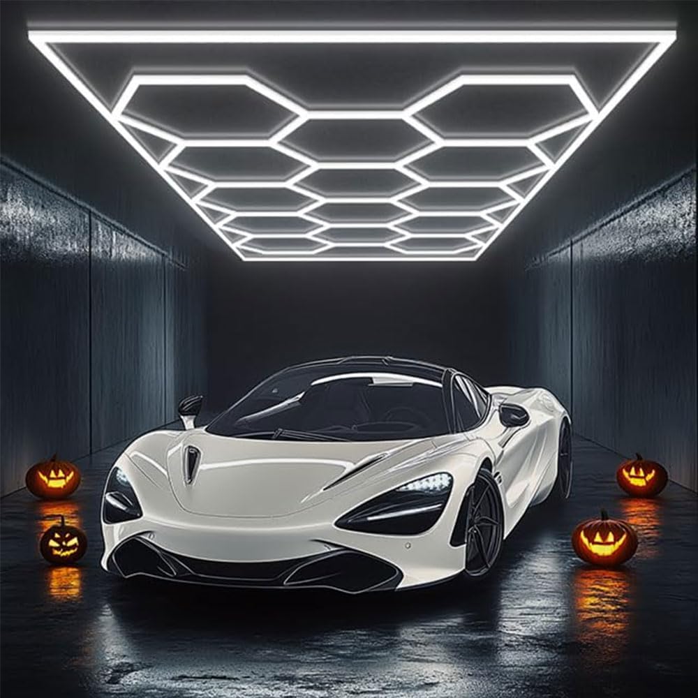 VASTFIRE 14 Hexagon Honeycomb LED Light,65W 6500K Super Bright Pure White LED Garage Workshop Lighting for Basement, Warehouse, Car Beauty Salon, Car Detailing Shop, Home, Office