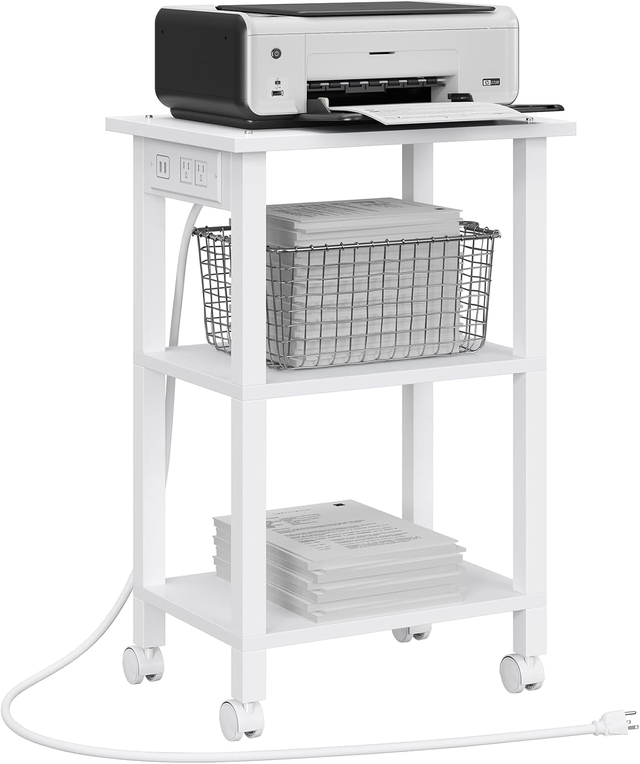 TUTOTAK 3 Tier Printer Stand, Rolling Printer Cart with Power Outlets and USB Ports, Mobile Printer Table with Wheels, for Under Desk, Office, Home, White PS02BW001