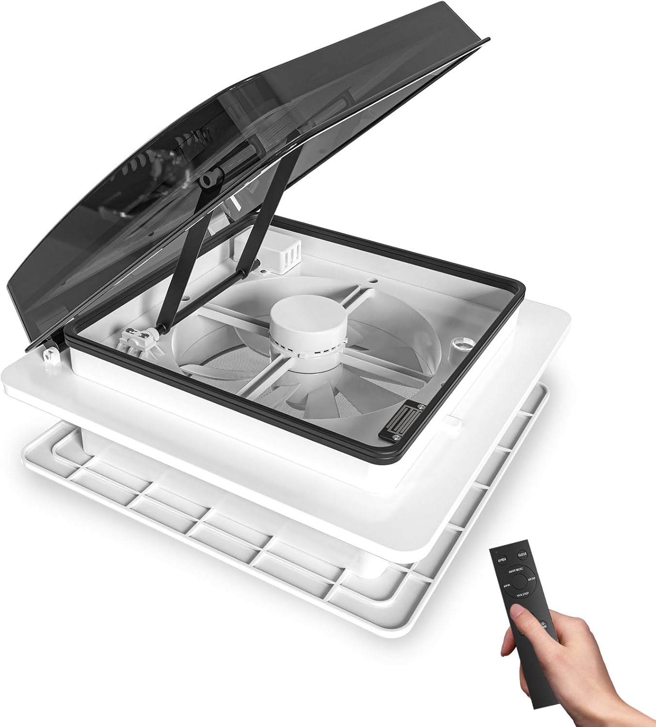 Caravan Roof Vent Fan, RV Air Vent Ventilation with Rain Sensor, Automatic Level Permanent Reversible Wind 12V for RV Motorhome (14" Black Translucent- Air Max Ultra Quiet-12 volt Fan)