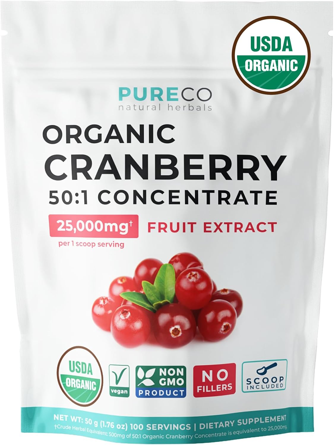 USDA Organic Cranberry Powder - 500mg 50:1 Cranberry Concentrate Per 1 Scoop Serving to Support Urinary Tract Bladder and Kidney - Vegan Non-GMO Filler Free & North American Sourced (100 Servings)