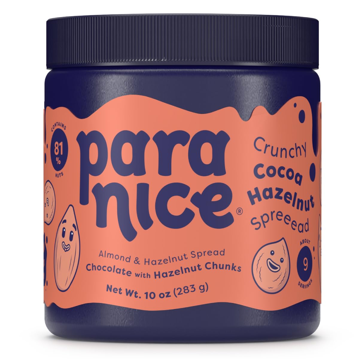 Paranice - Crunchy Cocoa Hazelnut Spread - 78% Almond and Hazelnut - Sugar Free - Keto and Vegan - Gluten Free - Dairy Free - Palm Oil Free - Erythritol Free - 10 Oz - (Pack of 1)
