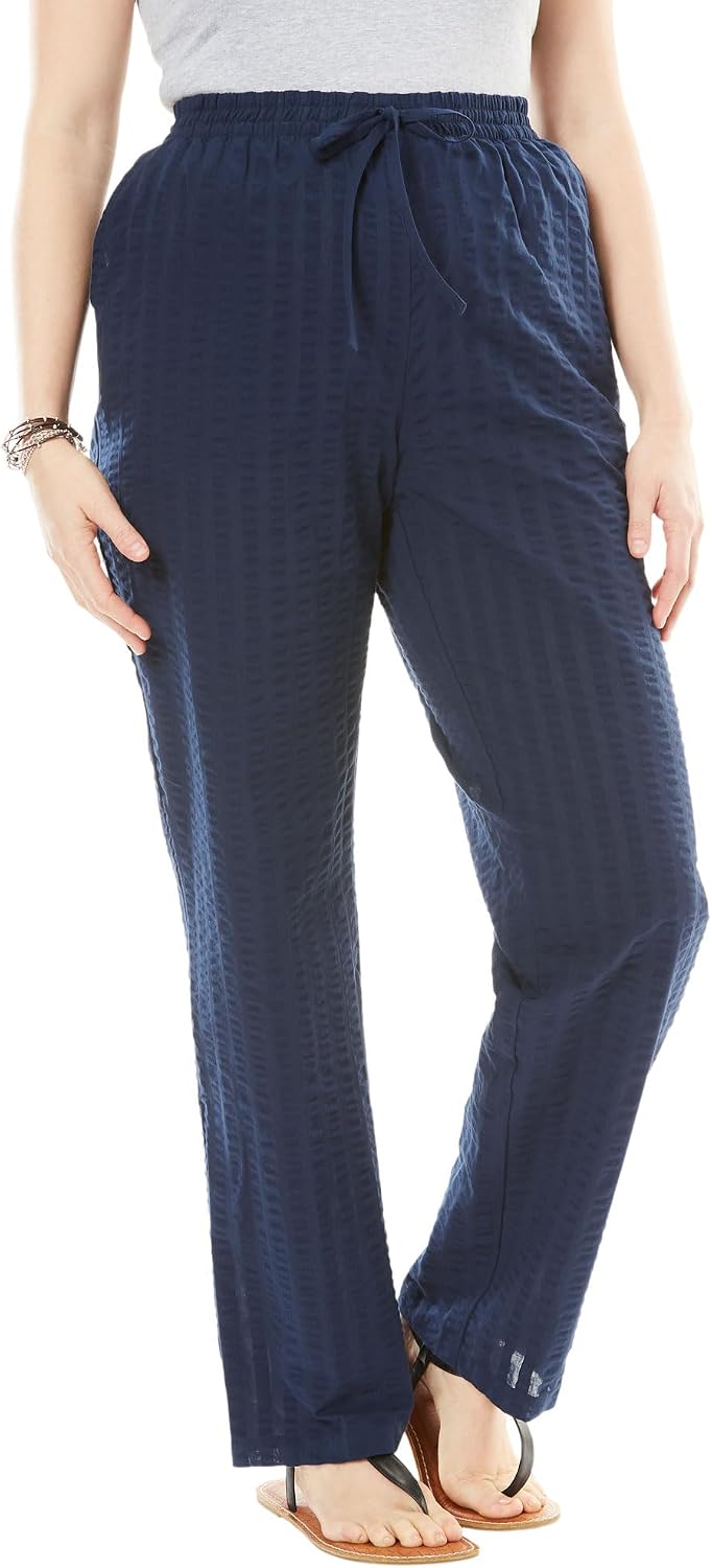 Woman Within Seersucker Pull-On Elastic-Waist Pants