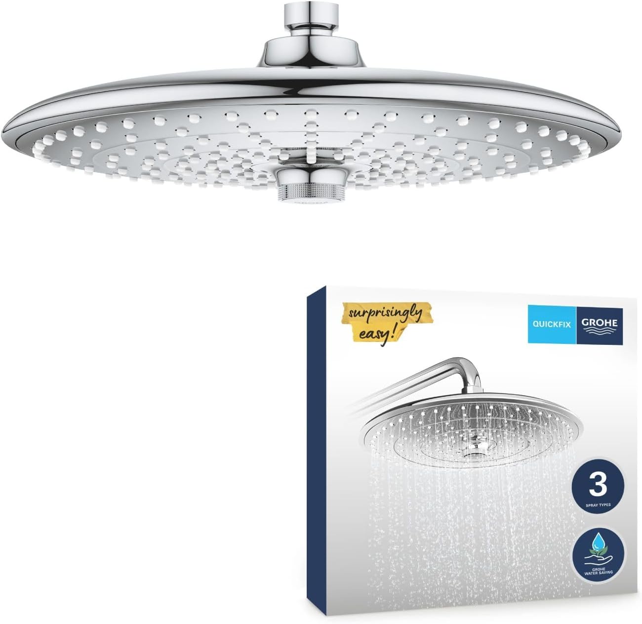 GROHE Vitalio Joy 260 - Head Shower 260mm (3 Spray Zones: Rain, SmartRain & Jet, Ball Joint +/- 15° Rotatable, Water Saving 9.5 l/min Flow Limiter, Anti-Limescale System, Min. 1 Bar), Chrome, 26462000