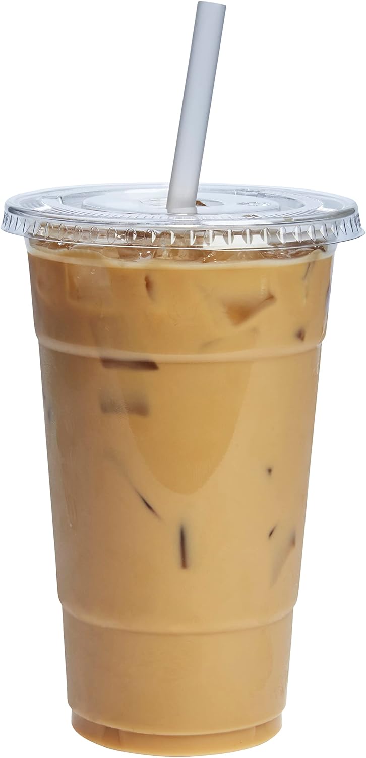 GUSTO [24 oz. - 100 Count Clear PET Cups with Lids, Disposable Coffee Cups with Flat Lids - Ideal for Cold Beverages, Smoothies, and to-Go Drinks - Formerly Comfy Package