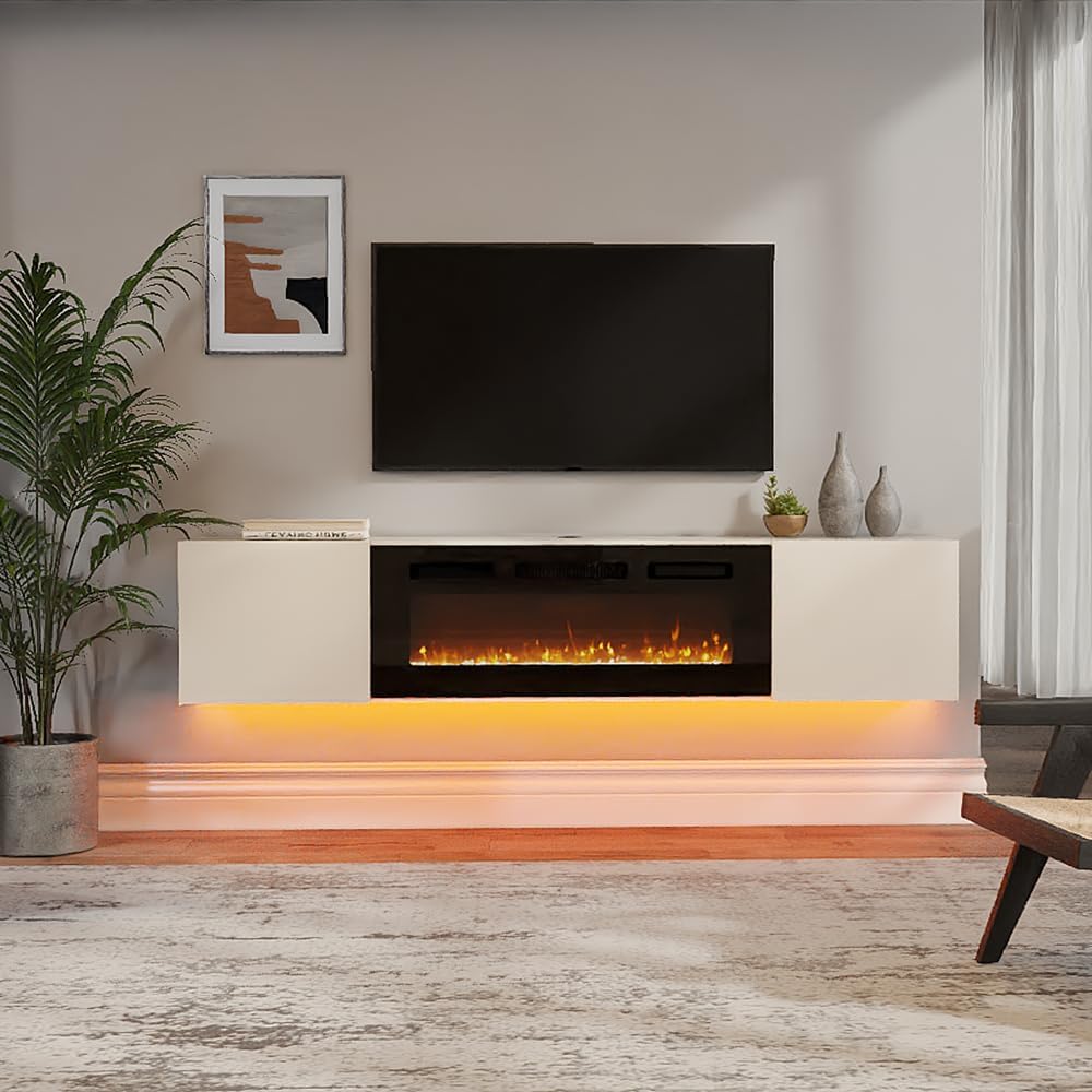 WAMPAT Modern Floating TV Stand with Electric Fireplace, Media Console for TVs up to 80", Wooden Entertainment Center with 36" Fireplace, TV Shelf Cabinet for Living Room or Bedroom, Yellow Light