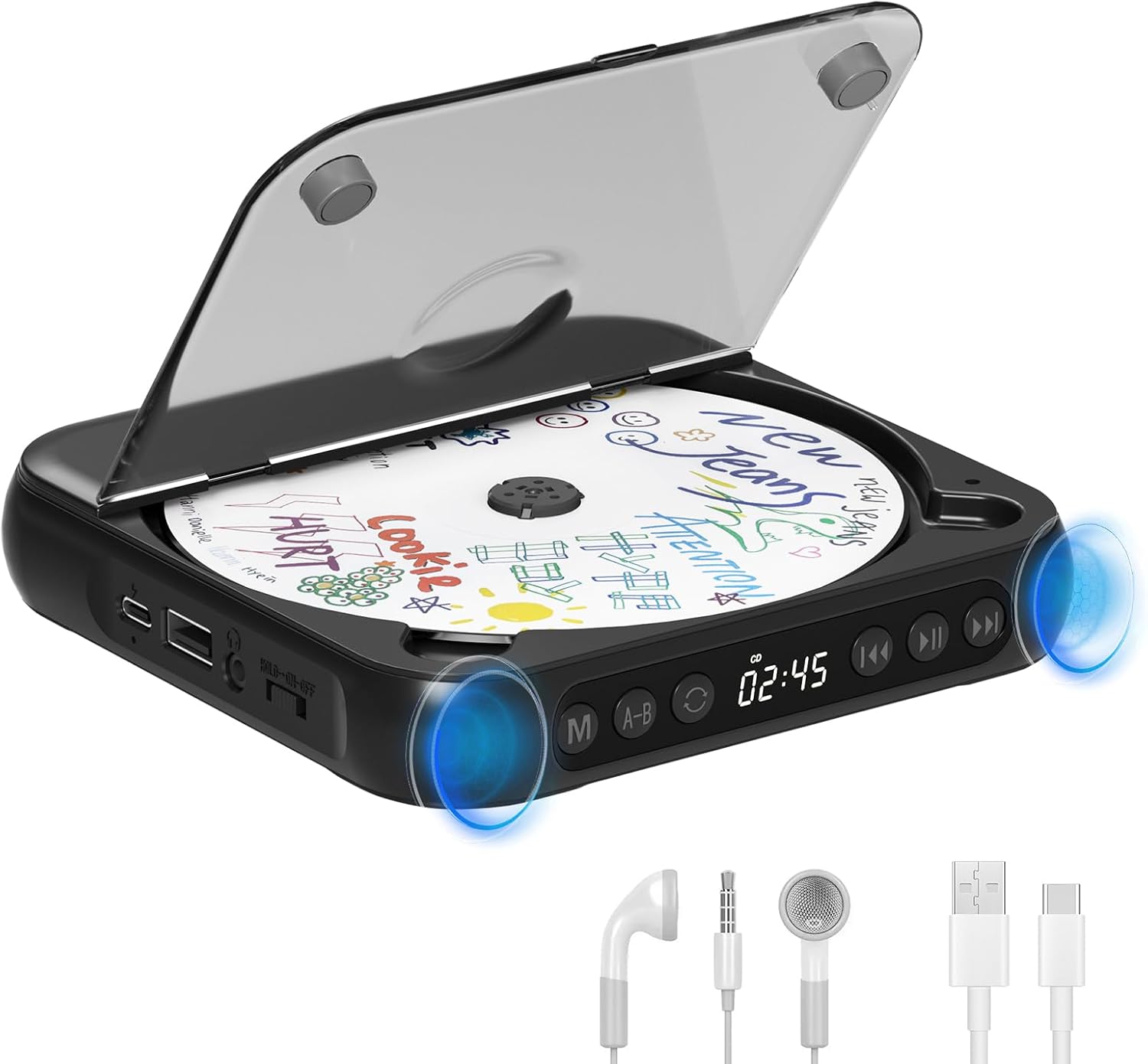 Portable CD Player with Bluetooth 5.3, Rechargeable Walkman CD Player for Home, Built-in HiFi Speakers, Headphones, LCD Screen, Supports CD/AUX/USB and Repeat Modes,Black