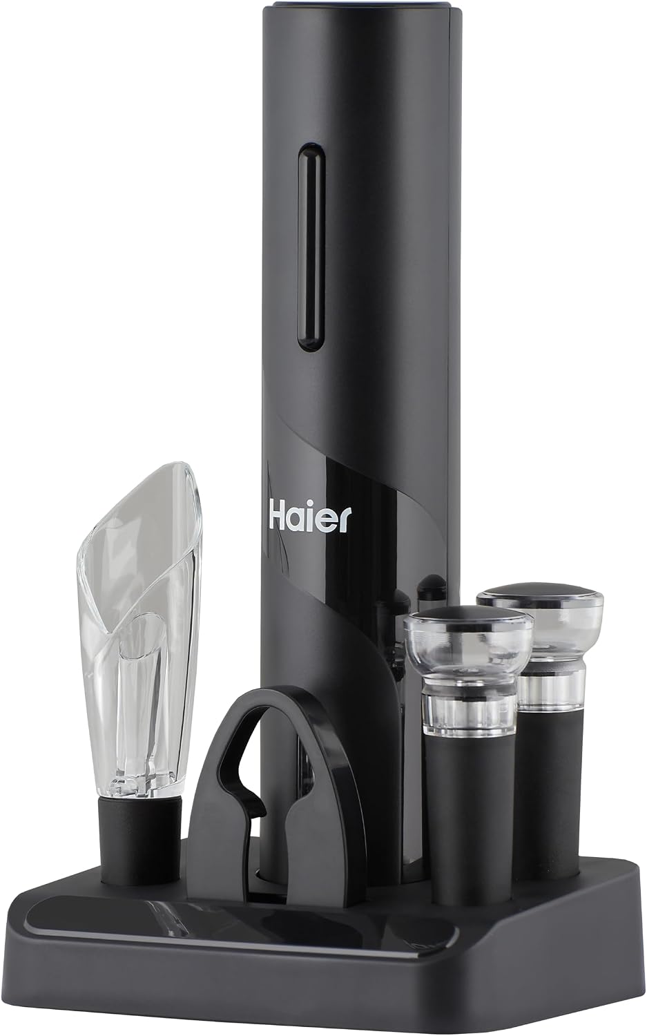 Haier 5-in-1 Electric Wine Bottle Opener Kit - Battery-Powered - Includes Tulip Wine Aerator Pourer - Foil Cutter - 2 Wine Vacuum Bottle Stoppers - Storage Base - Bottle Opener - Premium Quality