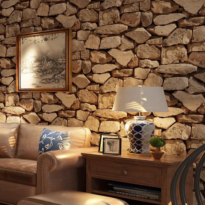 Snewvie 3D Stone Brick Effect Wallpaper Brown Stereo Imitation Texture Wall Paper Rustic Retro Decoration for Bedroom Living Room Restaurant Cafe Fireplace,950 * 53cm