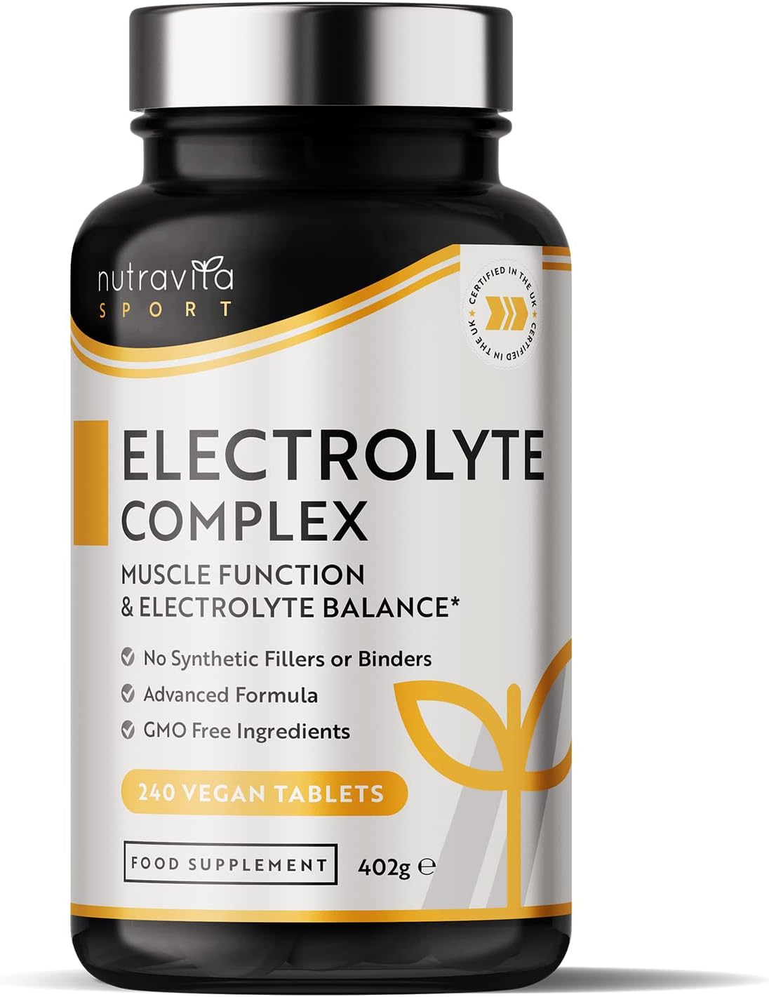 Electrolyte Complex - High Strength Tablets with Added Magnesium, Potassium & Calcium - Muscle Function and Electrolyte Balance - 240 Vegan Tablets - No Synthetic Binders - Made in The UK by Nutravita
