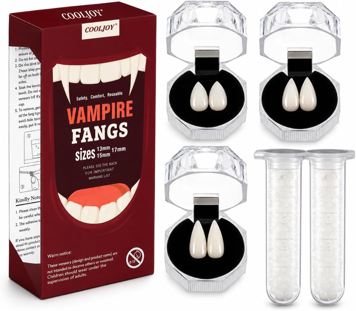 COOLJOY Vampire Teeth Fangs with Adhesive 3 Sizes Halloween Cosplay