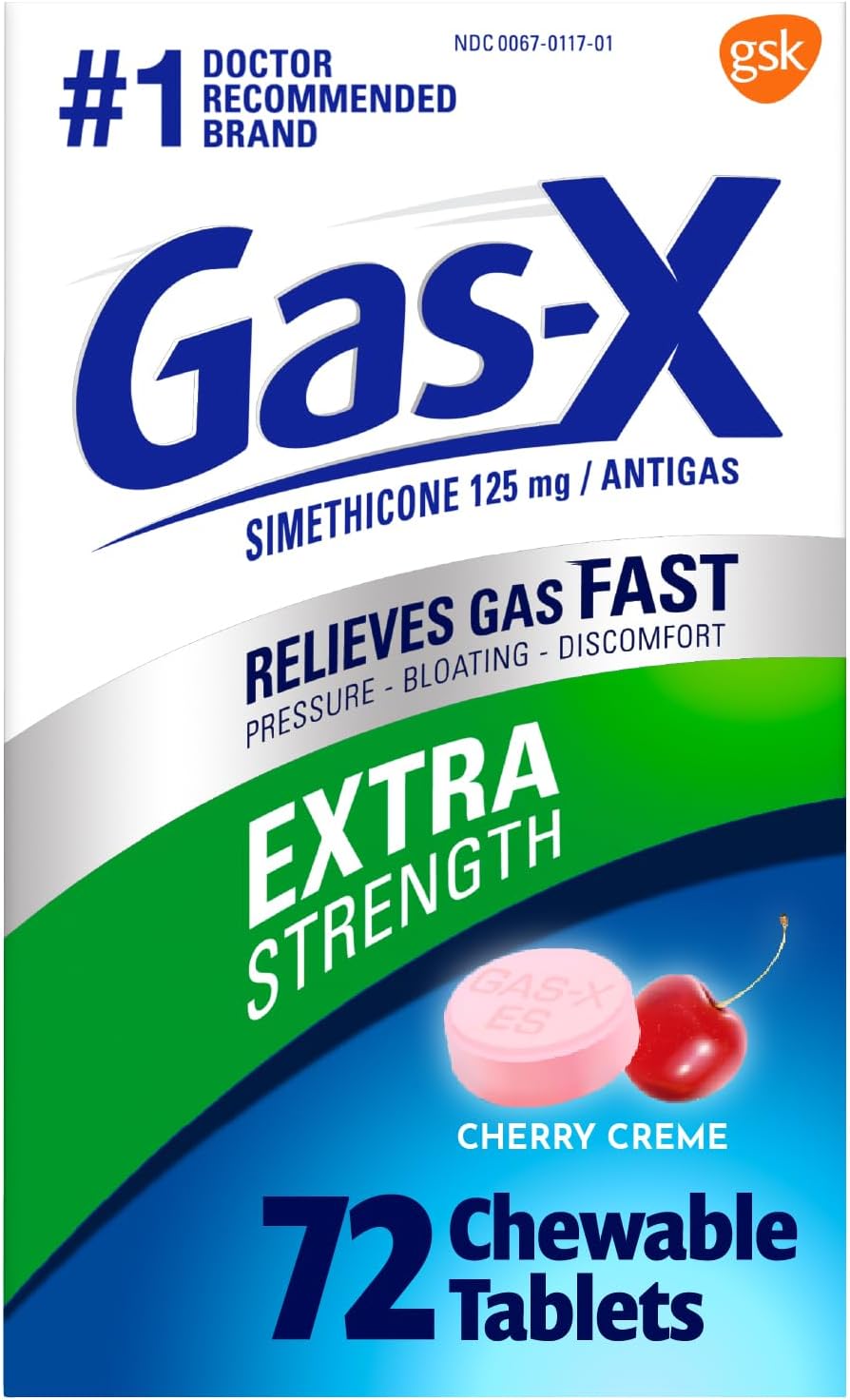 Gas-X Extra Strength Chewable Tablets, Gas Relief, Cherry, 72 Count | Simethicone 125mg Extra Strength Chewable Tablets, Fast Gas and Bloating Relief, GLP-1 Support