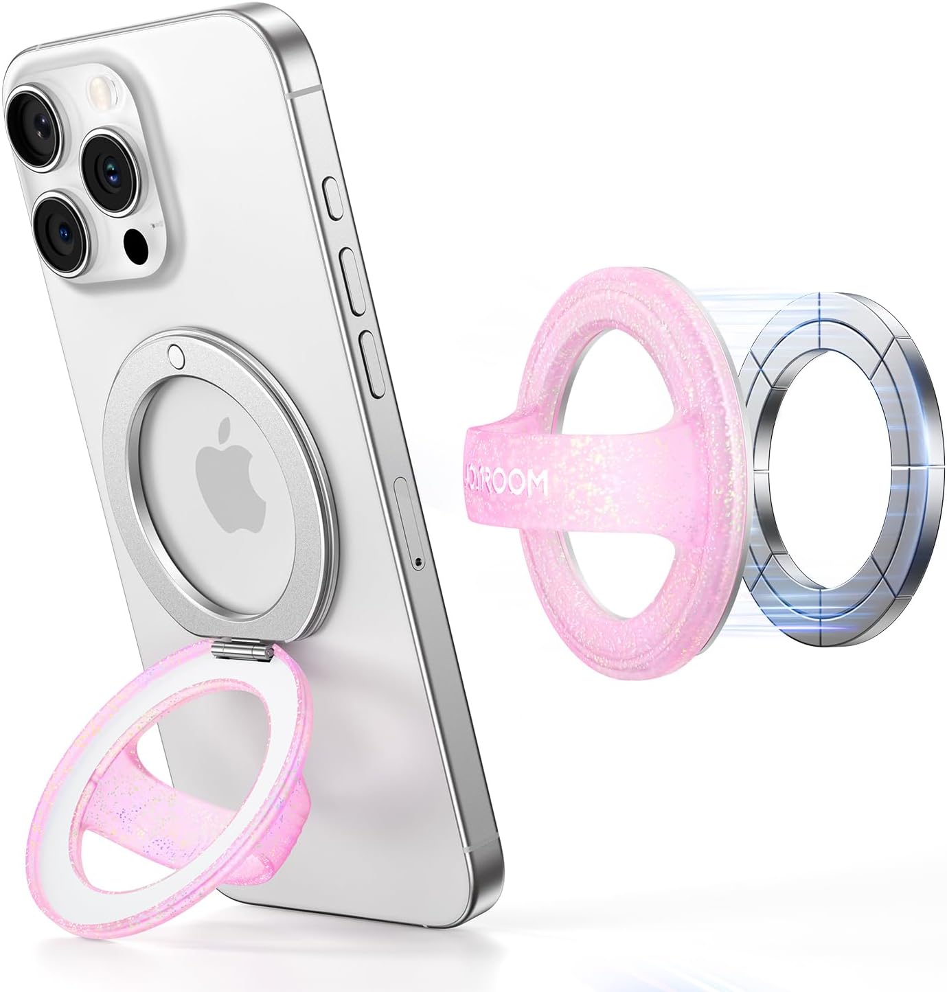 JOYROOM Magnetic Phone Grip, Silicone Finger Loop Grip [Stylish Twinkle][Glitter] Phone Grip for Magsafe, for iPhone 16 Pro Max/15 Pro Max/14/13/12 Series, Pink