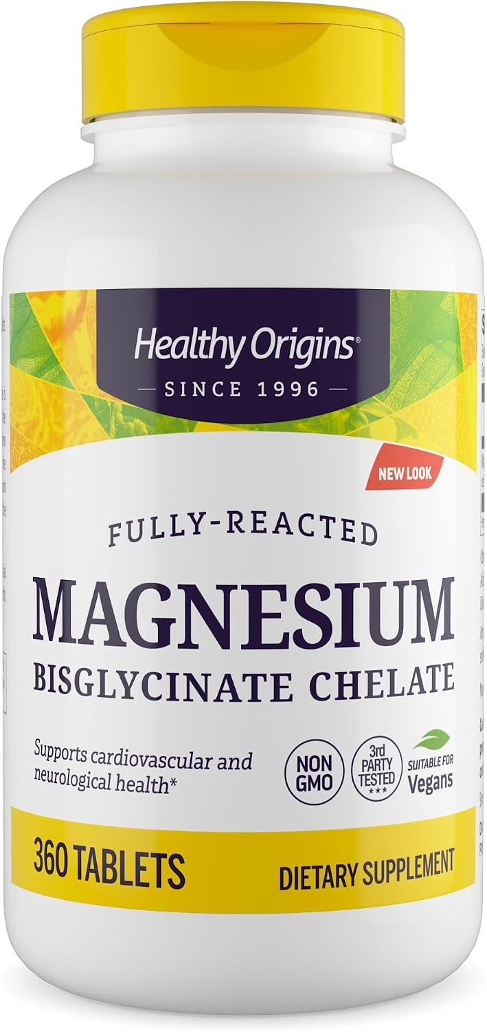 Healthy Origins Magnesium Bisglycinate Chelate, 360 Tablets - High Absorption Fully Buffered Albion TRAACS Magnesium - Supports Muscle Relaxation, Brain & Cardiovascular Health - 1 Year Supply