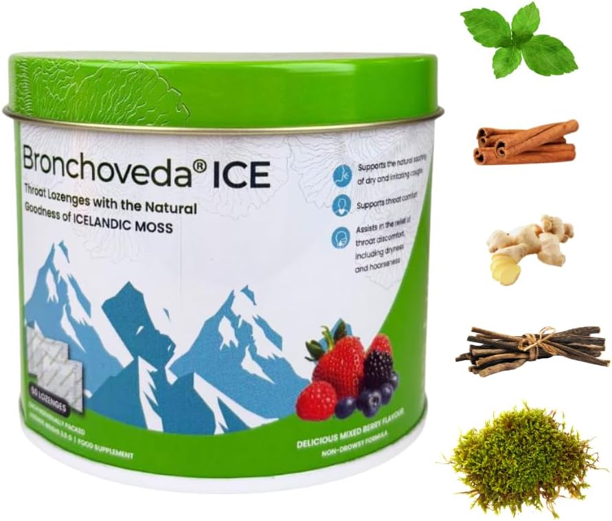 ICE Throat Lozenges with Icelandic Moss, Vitamin C, Ginger, Liquorice, Holy Basil & Menthol – Sore Throat & Dry Cough Relief | Non-Drowsy | Mixed Berry Flavor – Pack of 50