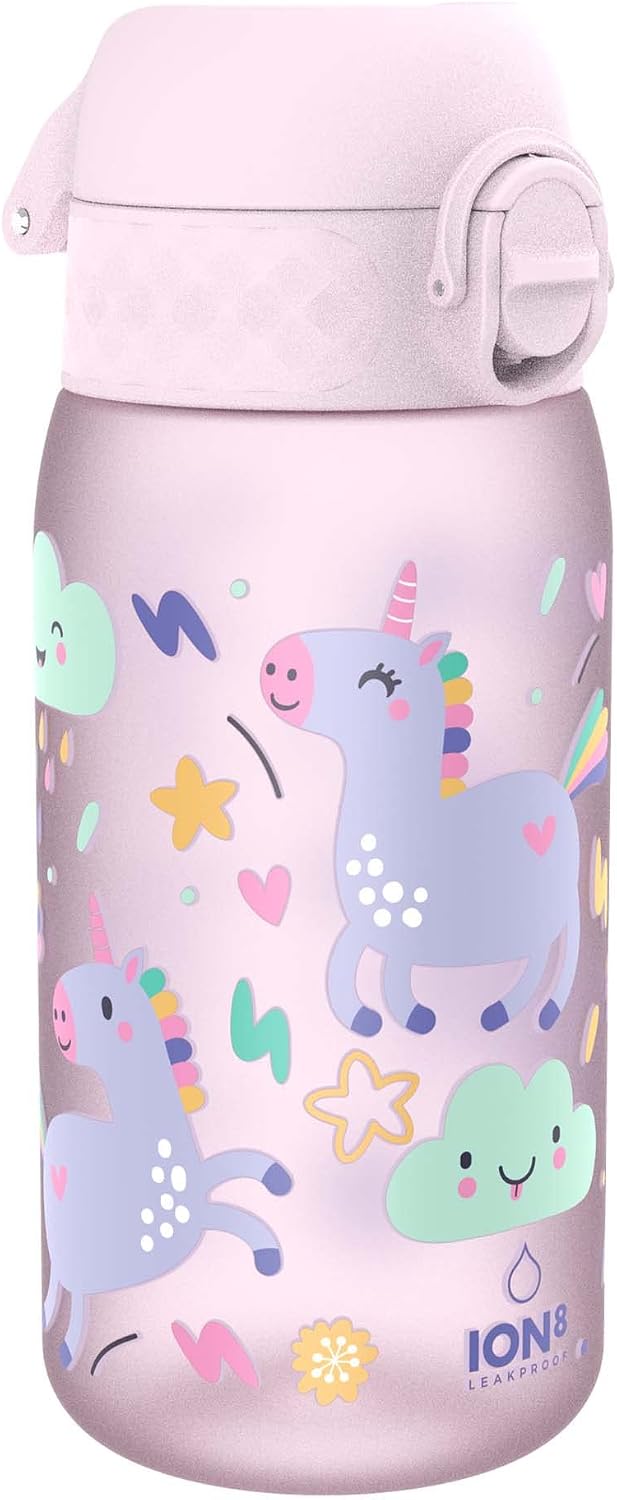 Ion8 Small Water Bottle, Leak Proof, Easy to Open, Secure Lock, Dishwasher Safe, Flip Cover, Carry Handle, Easy Clean, Durable, Water Bottle, Raised Print, Unicorns
