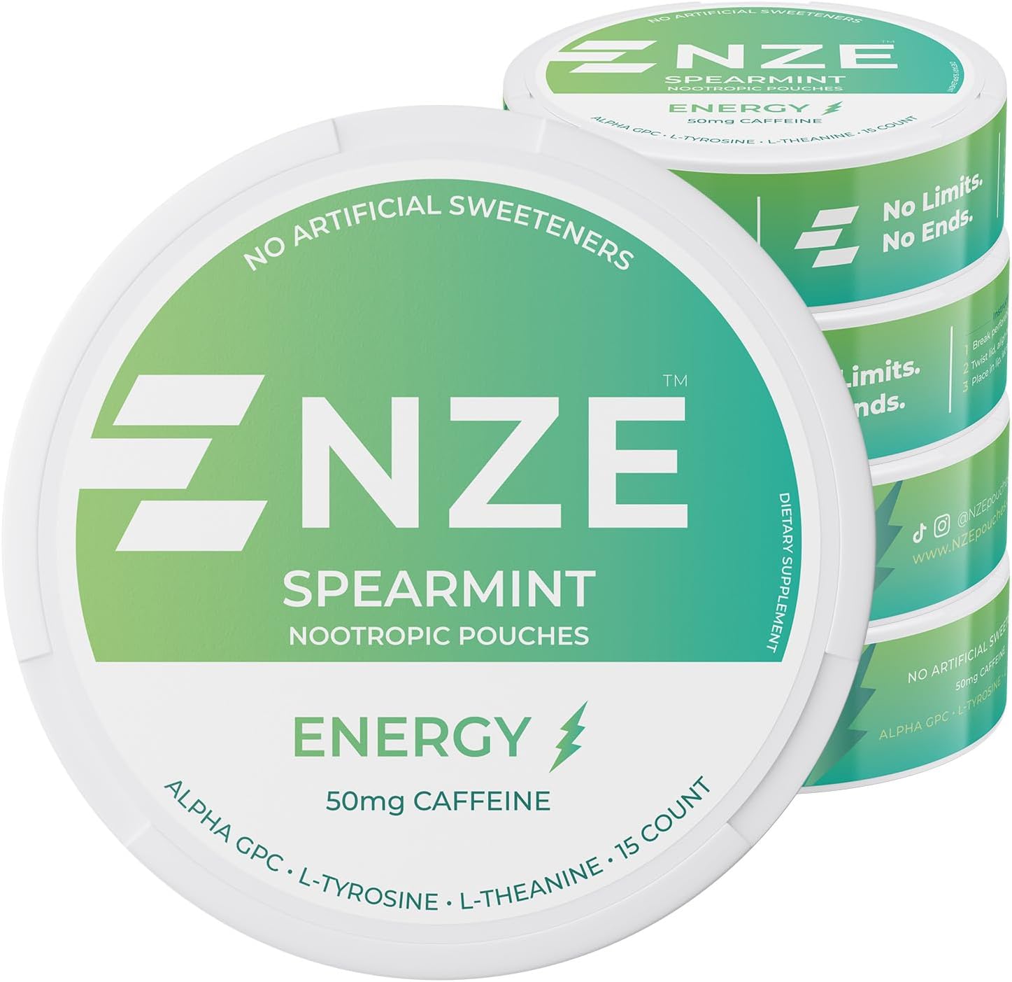 NZE Caffeine Nootropic Pouches (Spearmint) - Energy Pouches with 50mg Caffeine, Alpha GPC, L-Tyrosine & L-Theanine with No Sugar or Artificial Sweeteners - 15 Nicotine Free Pouches Per Can - 5 Pack