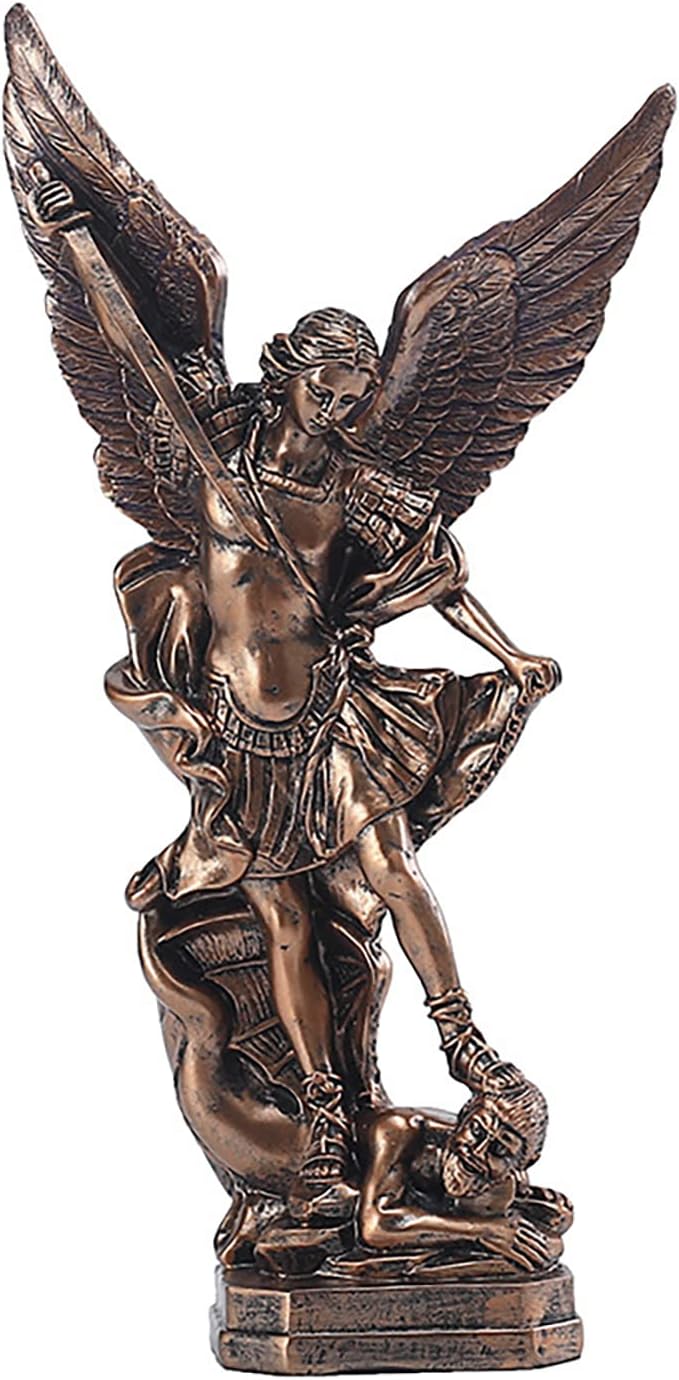 12.5in St. Michael San Miguel Arcangel Statue Saint Archangel Michael Defeated Evil Dragon Religious Collectible Battle Angel Sculpture Christian Catholic Figurines (Bronze)