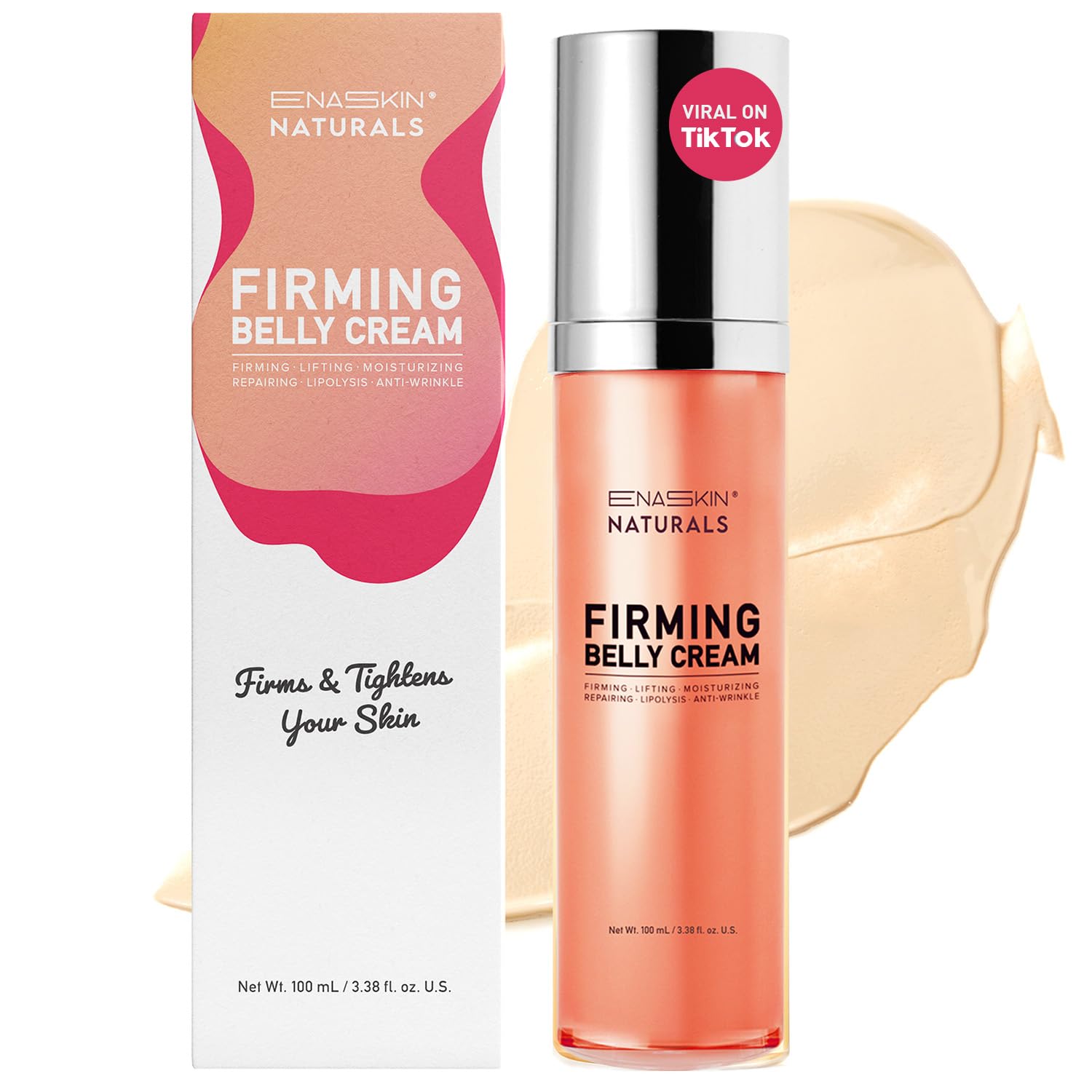 Enaskin Naturals Belly Firming Cream: B Flat Skin Tightening, Cellulite & Stretch Mark Reduction Cream for Stomach, Thighs and Booty - Hydrating Body Lotion for Women & Men, 3.38 Fl. Oz