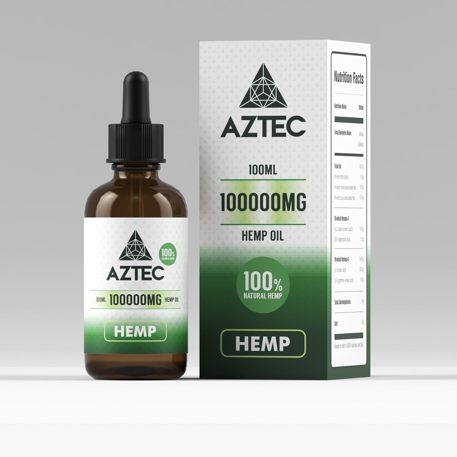 Aztec Cold Pressed Hemp Seed Oil - 100000 MG - 100% Natural UK Grown - Rich in Omega 3-6-9 - Skin, Food & Pet Safe - 100ml