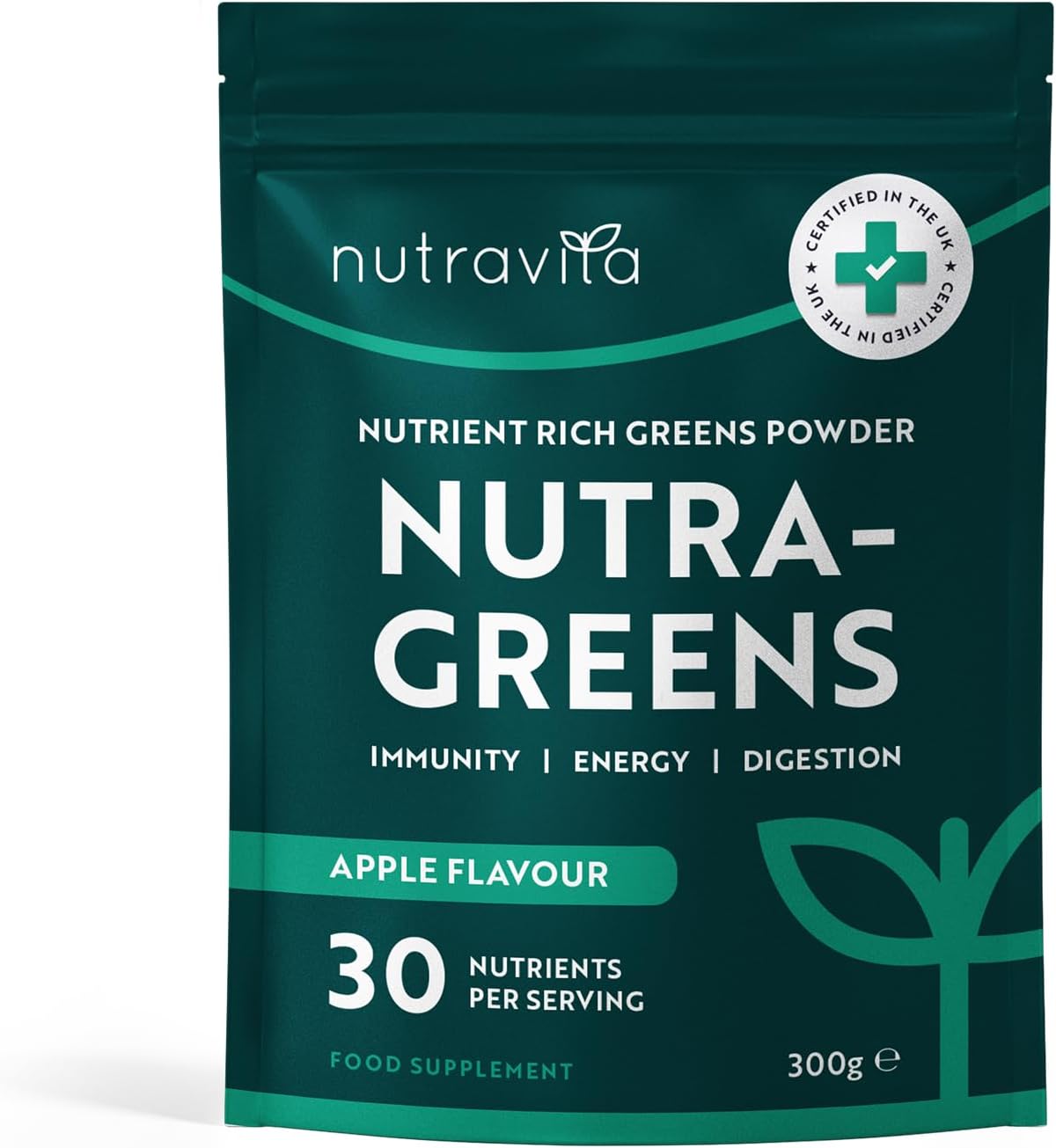 Nutravita Super Greens Powder - 23 Advanced Vegan Ingredients - Greens, Vitamins and Superfoods - Probiotic Blend for Gut Health - UK Made - 30 Servings (Apple Flavour)