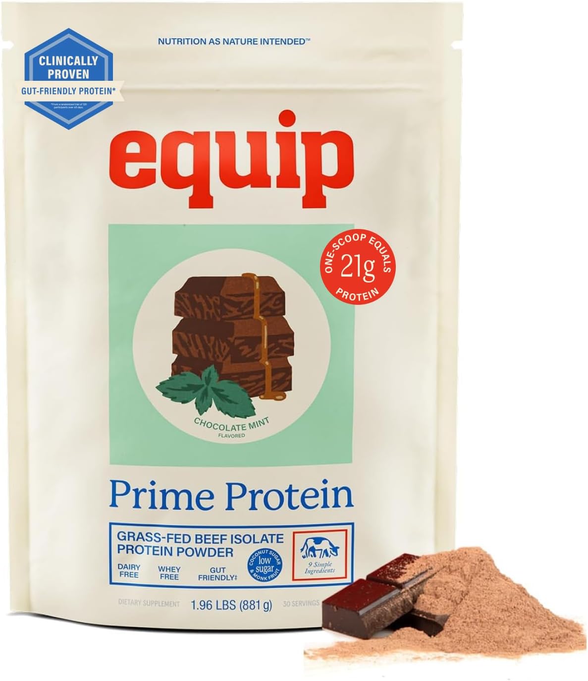 Equip Prime Chocolate Mint Protein Powder - Gut-Friendly, No Sugar Protein Shake Powder with Grass-Fed Beef & Natural Collagen - Rich & Creamy Mix - 21g Per Serving - Whey & Dairy-Free (30 Scoops)