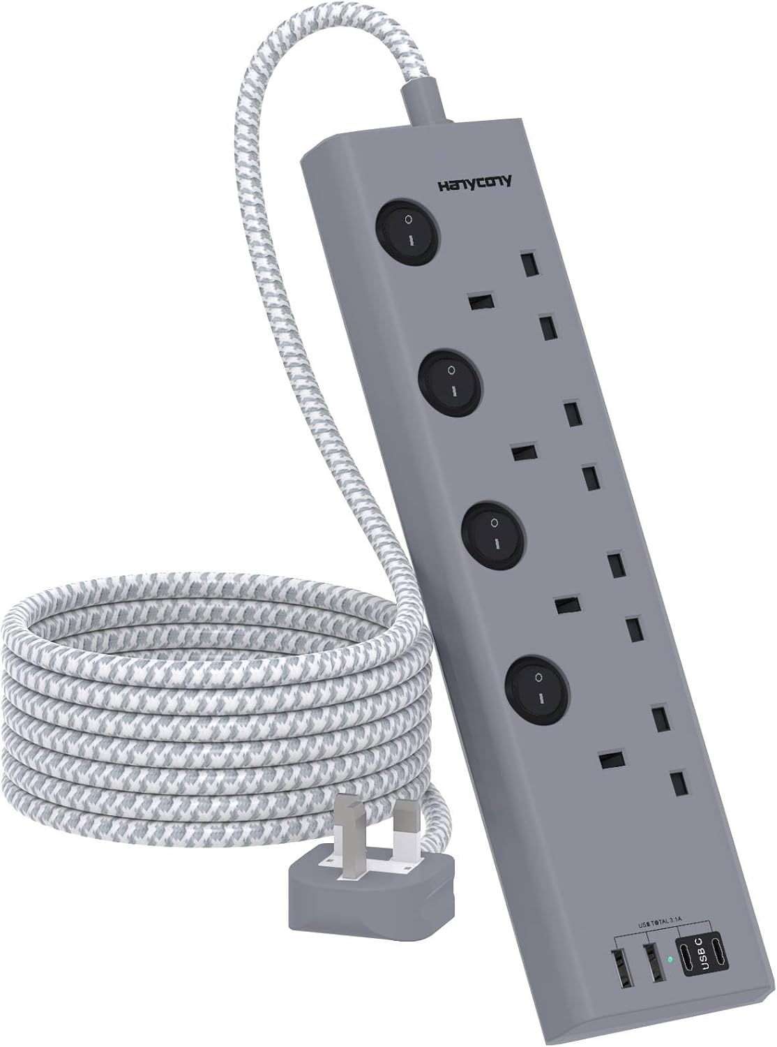 Extension Lead with 4 USB Slots(2 USB C), HANYCONY 4 Way Plug Extension Socket with Individual Switches, 1.8M Extension Cable, Wall Mount, Gray Desk Power Strip for Bedroom Office Accessories