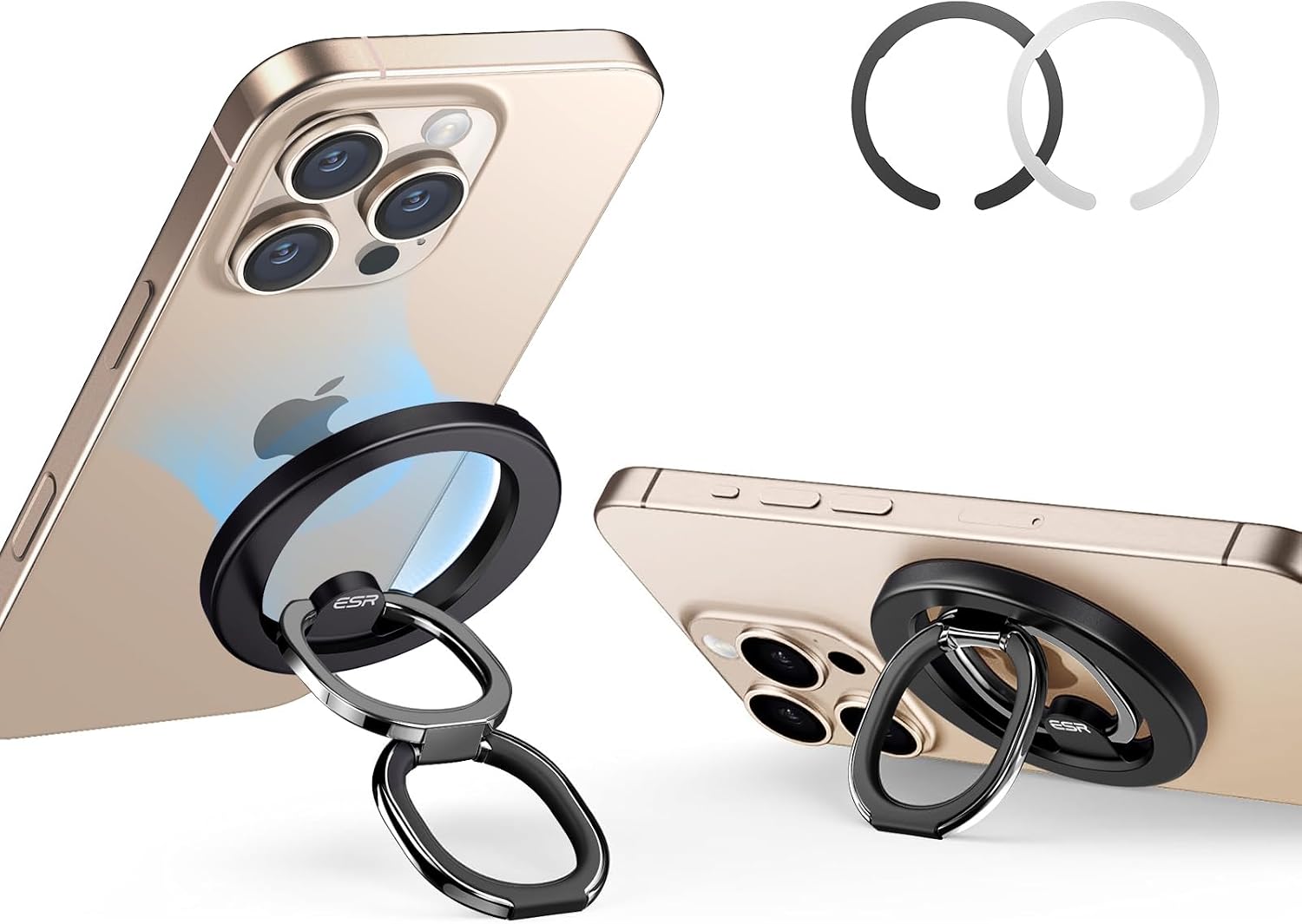 ESR for MagSafe Phone Grip, MagSafe Ring Holder, Magnetic Phone Ring Holder, Magnetic Phone Grip with 2-Way Adjustable Stand for iPhone 16/15/14/13/12, Samsung, All Smartphones(2 Metal Rings included)
