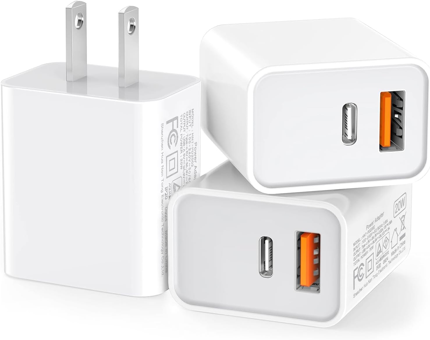 3 Pack USB C Wall Charger, 20W Durable Dual Port QC+PD 3.0 Power Adapter, Double Fast Plug Charging Block for iPhone 13/14/15/16/16 Pro/Pro Max/Plus, XS/XR/X, Watch Series 8/7 Cube,White