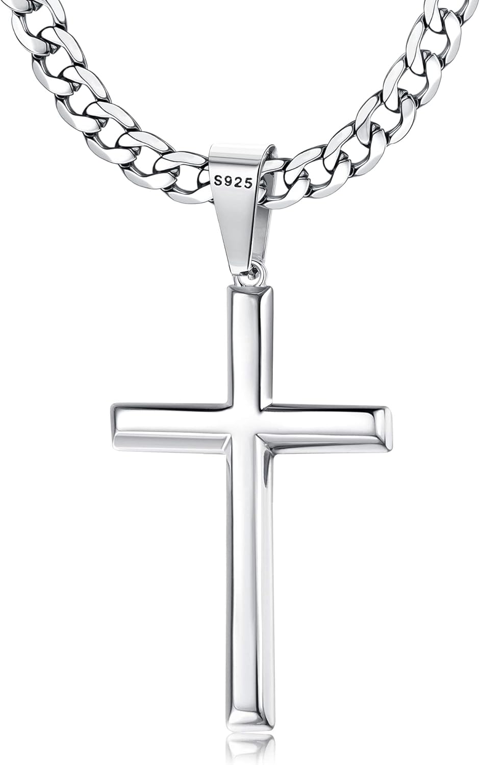 Besteel 925 Sterling Silver Cross Necklace Beveled Edge for Men Women 5mm Stainless Steel Diamond Cut Durable Cuban Link Curb Chain Crucifix Pendant Necklace Jewelry 16-30 Inches