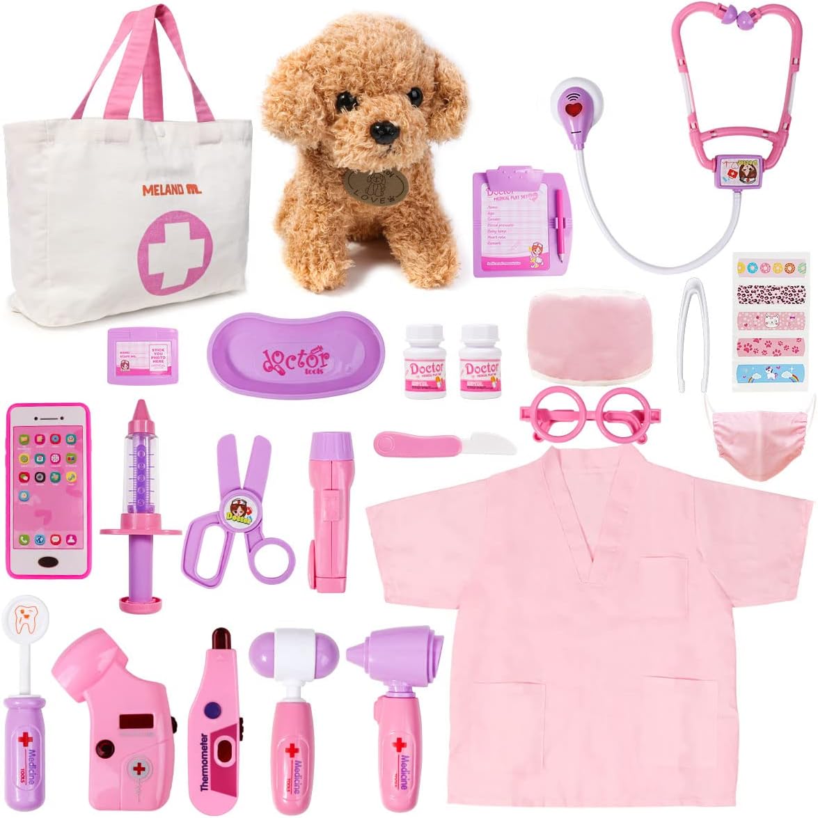 MELAND Doctors Set for Kids - Children Pet Vet Care Play Set with Doctor Costume, Plush Dog, Pretend Role Play Medical Kit Toys Gifts for 3 4 5 6 Year Old Toddlers