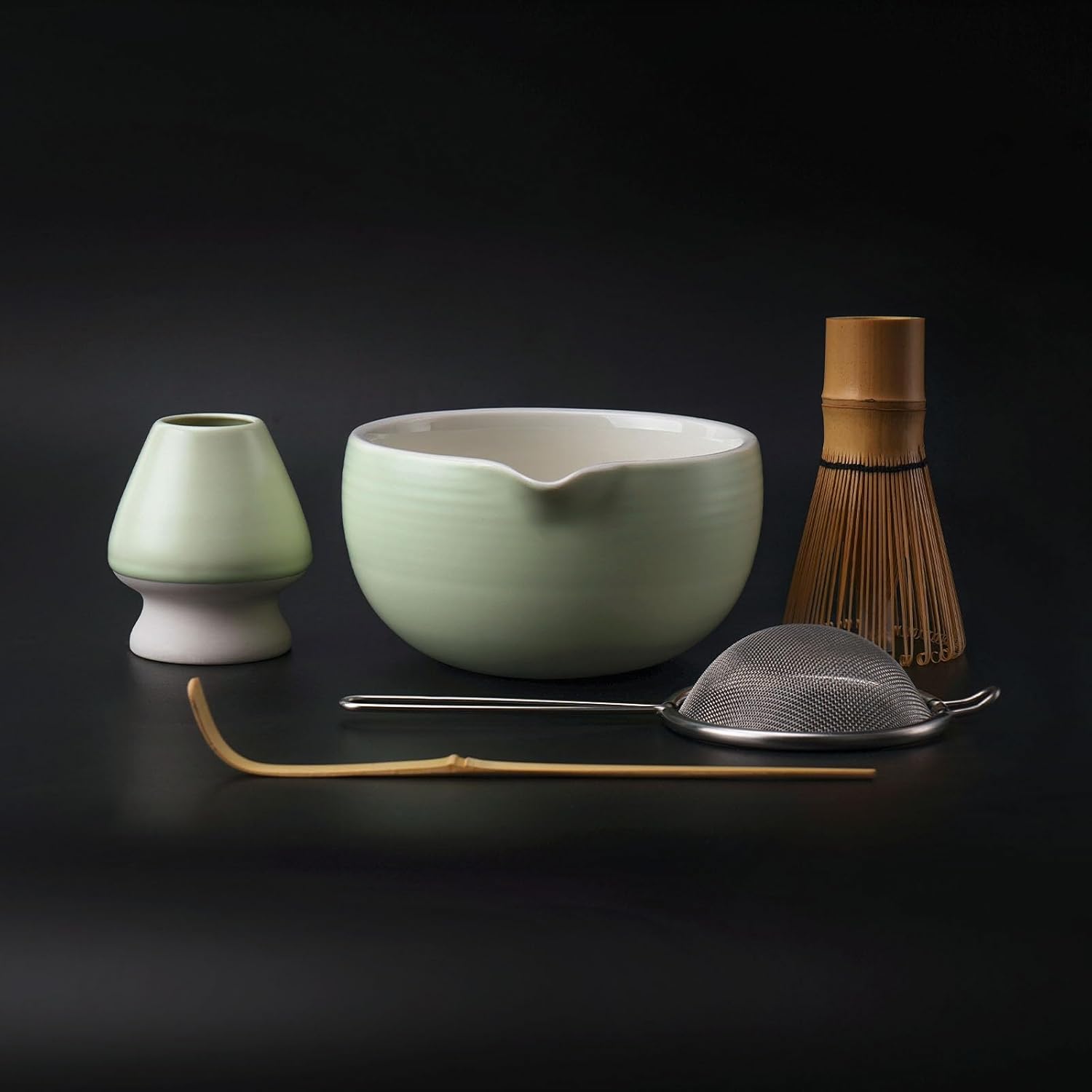 Matcha Kit Set, Ceramic Matcha Bowl with Spout & Holder, Bamboo Whisk, Sifter, Scoop, Traditional Japanese Matcha Tea Making Tools, Complete Gift Set 5-PC