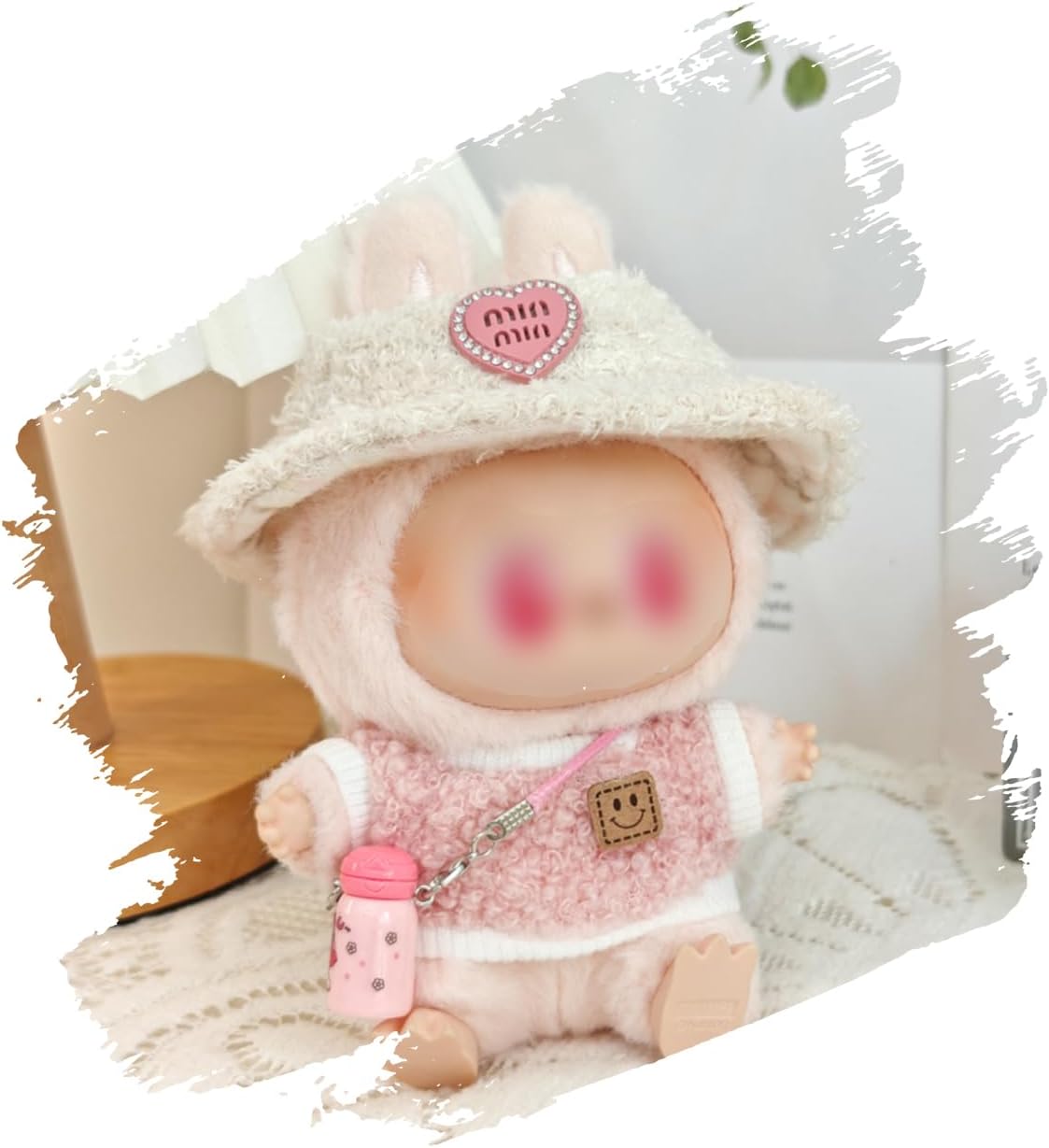 Seventh Girl doll clothes 3-piece Set for labubu (without doll) | Applicable to 17 cm doll | Top + Hat + Exquisite Accessories | Compatible with Have a Seat/Macaron Series (pink)